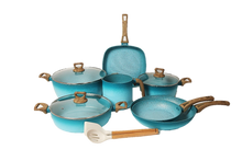 Cargar imagen en el visor de la galería, NEWARE Terracotta TURQUOISE 12 Piece Cooking Set with Milk Cup/ Batería TURQUESA de 12 piezas de Terracotta con POCILLO