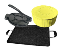Cargar imagen en el visor de la galería, Tortilla making Combo THIN Double Griddle & SMALL tortilla PRESS 7.5"with TORTILLA WARMER/ Combo para hacer tortillas COMAL sencillo doble y prensa PEQUEÑA 7.5" CON TORTILLERO