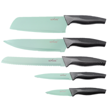 Load image into Gallery viewer, JADE coated NON-STICK 5 piece KNIFE set/ juego de CUCHILLOS de 5 piezas de JADE