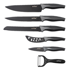 Cargar imagen en el visor de la galería, BLACK DIAMOND coated NON-STICK 6 piece KNIFE set/ juego de CUCHILLOS de 6 piezas de DIAMANTE NEGRO
