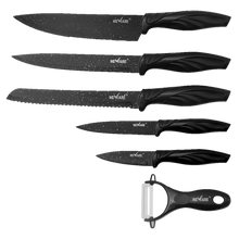 Cargar imagen en el visor de la galería, BLACK SPECKLED MARBLE coated NON-STICK 6 piece KNIFE set/ juego de CUCHILLOS de 6 piezas de MARMOL NEGRO JASPEADO