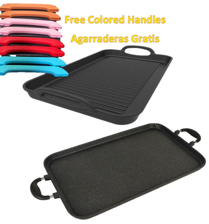 2 pack- RIBBED and SMOOTH double MARBLE griddle with FREE colored handles/2  COMALES Combo ACANALADO y LISO grueso de MARMOL de DOBLE parrilla para