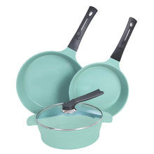 Cargar imagen en el visor de la galería, Neware EUROCOOK Jade Powder-coated Ceramic Non-Stick Cookware Set, 4-Piece PFOA-Free Kit: Frying Pans and Casserole with Tempered Glass Lid