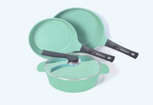 Cargar imagen en el visor de la galería, Neware EUROCOOK Jade Powder-coated Ceramic Non-Stick Cookware Set, 4-Piece PFOA-Free Kit: Frying Pans and Casserole with Tempered Glass Lid