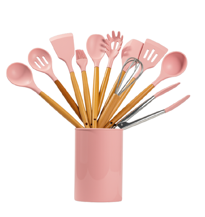 12-Piece Silicone Cooking Utensil Set with Wooden Handles and Holder