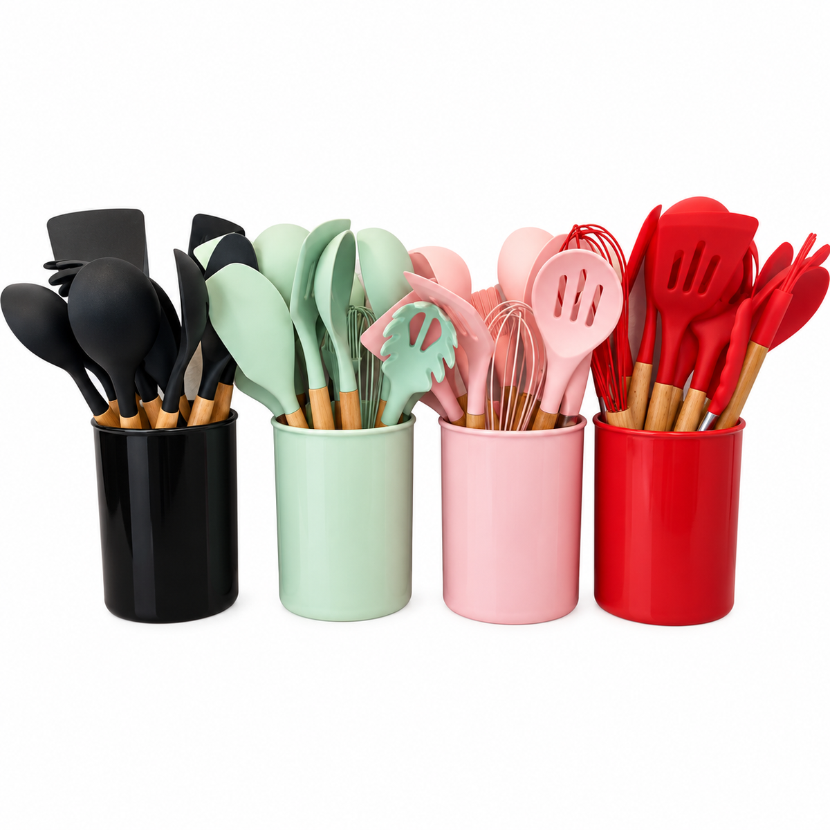 Juego de 12 Utensilios de Cocina de Silicona con Mangos de Madera y Organizador