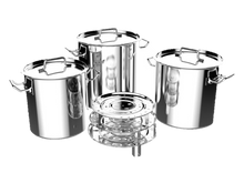 Load image into Gallery viewer, 3 piece Stock LARGE pot set Stainless Steel with steamer/ Juego de 3 Ollas TAMALERAS con vaporeras de 60, 80 y 100 cuartos
