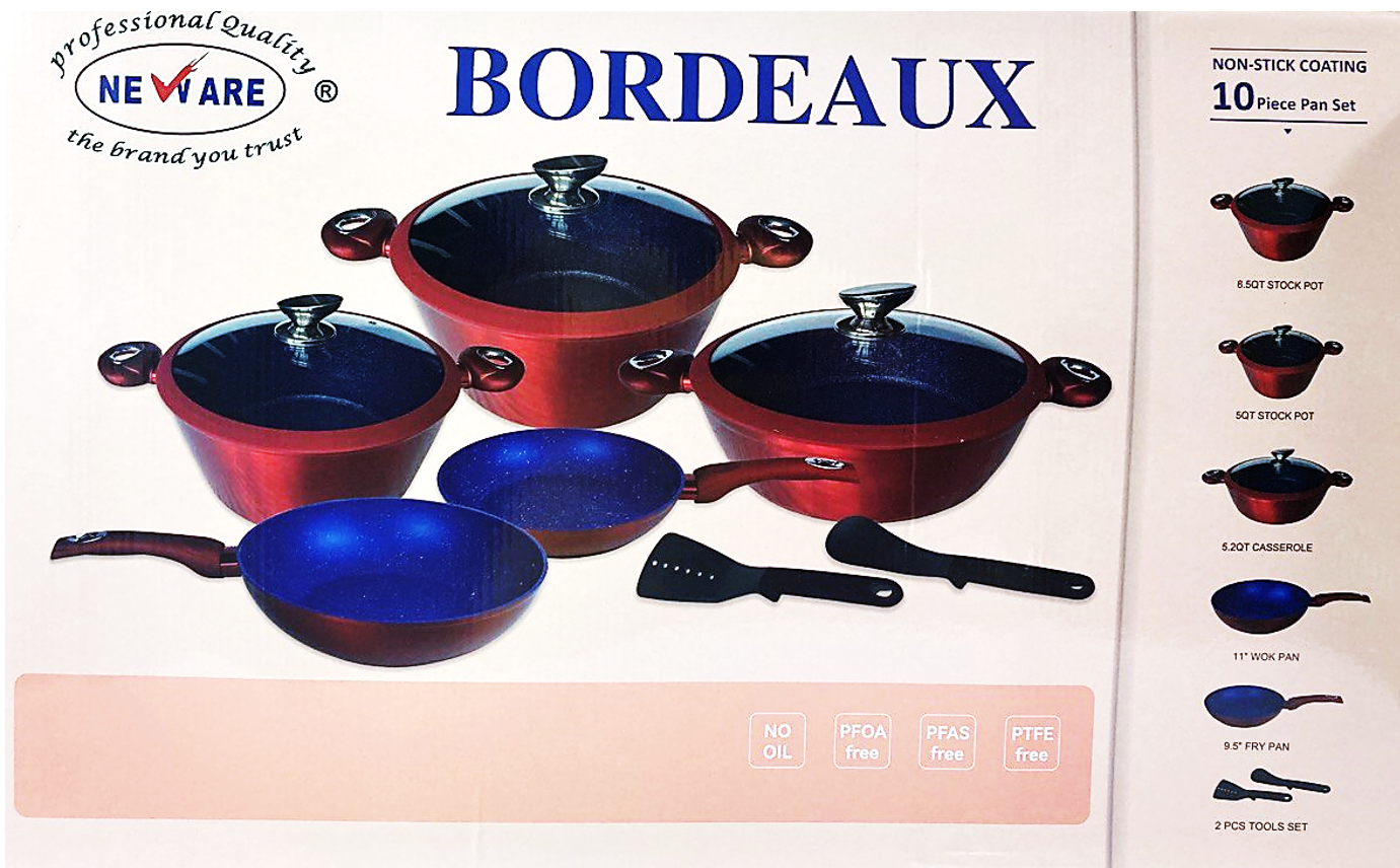 10 Piece BORDEAUX RED Nonstick Cookware Set/ Batería de 10 piezas BORD –  Neware Corp.