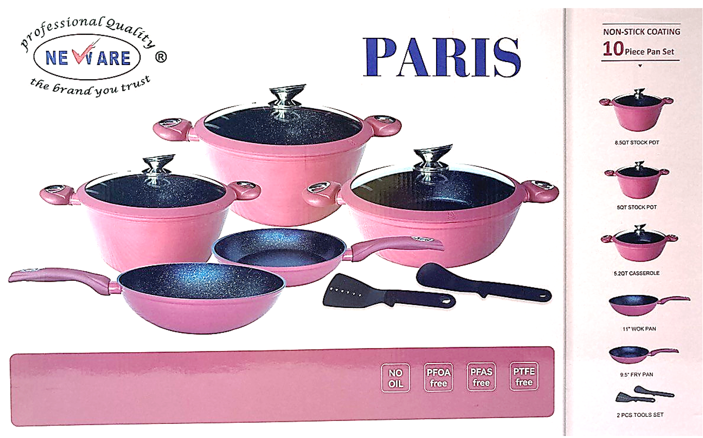 10 Piece PARIS pink Nonstick Cookware Set/ Batería de 10 piezas PARIS rosa  antiadherente