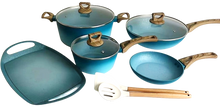 Load image into Gallery viewer, NEWARE bigger TURQUOISE Terracotta 10 Piece Cooking Set with GRIDDLE / Batería mas GRANDE de 10 piezas de TURQUESA Terracotta con COMAL
