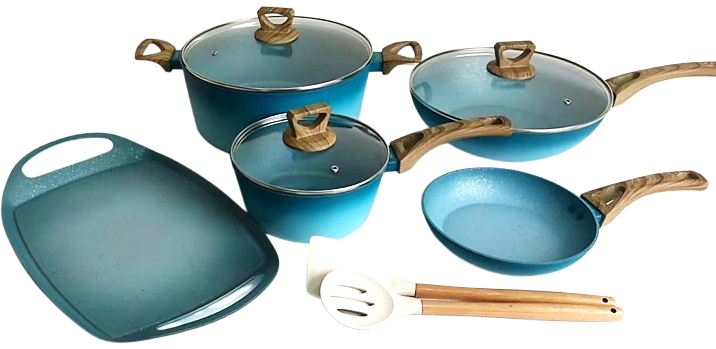 NEWARE bigger TURQUOISE Terracotta 10 Piece Cooking Set with GRIDDLE / Batería mas GRANDE de 10 piezas de TURQUESA Terracotta con COMAL