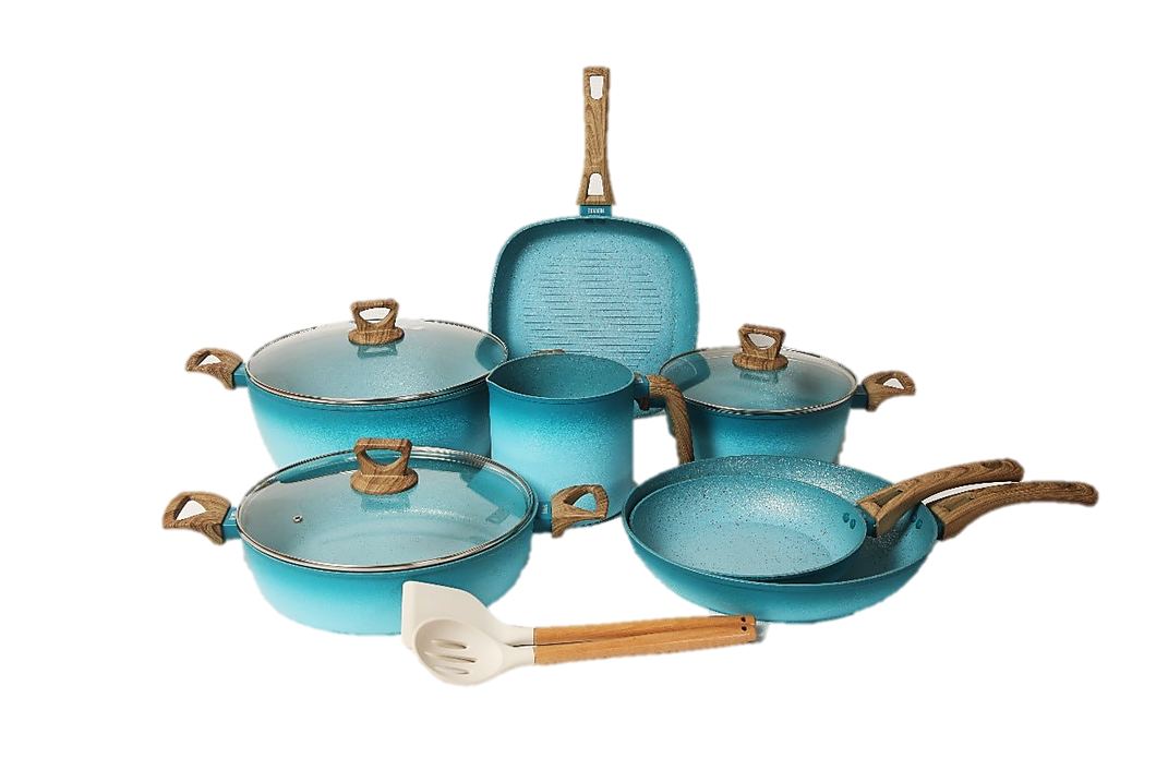 NEWARE Terracotta TURQUOISE 12 Piece Cooking Set with Milk Cup/ Batería TURQUESA de 12 piezas de Terracotta con POCILLO