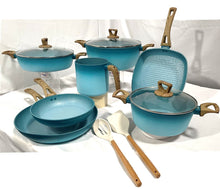 Cargar imagen en el visor de la galería, NEWARE Terracotta TURQUOISE 12 Piece Cooking Set with Milk Cup/ Batería TURQUESA de 12 piezas de Terracotta con POCILLO
