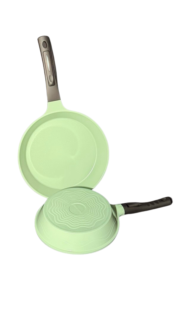 EUROCOOK Jade Powder-coated Ceramic Non-Stick Cookware Set, 4-Piece Set: Frying Pans and Casserole with Tempered Glass Lid