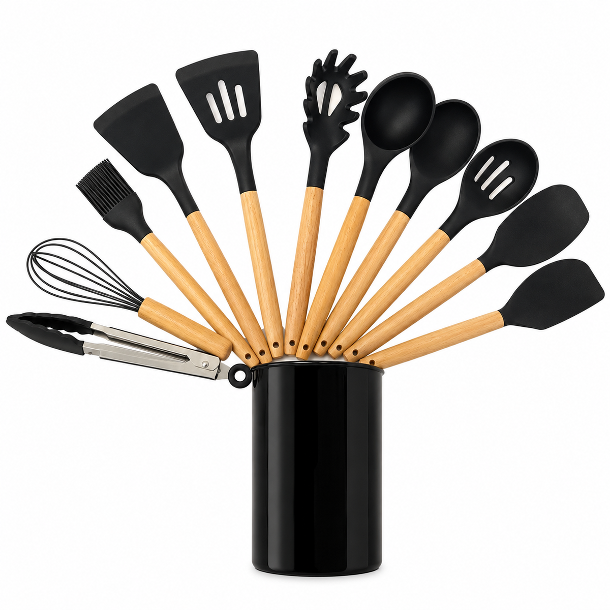 Juego de 12 Utensilios de Cocina de Silicona con Mangos de Madera y Organizador