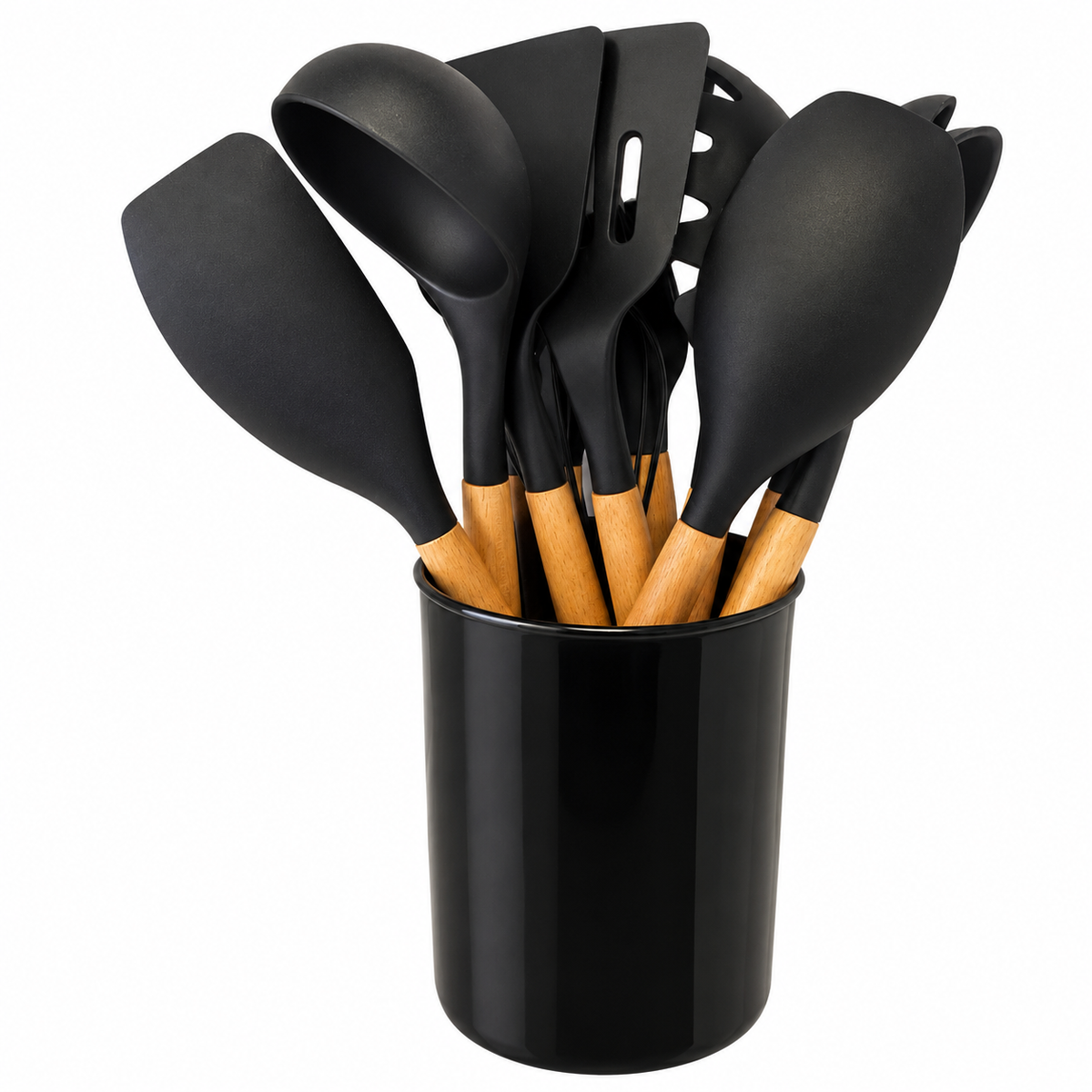 Juego de 12 Utensilios de Cocina de Silicona con Mangos de Madera y Organizador