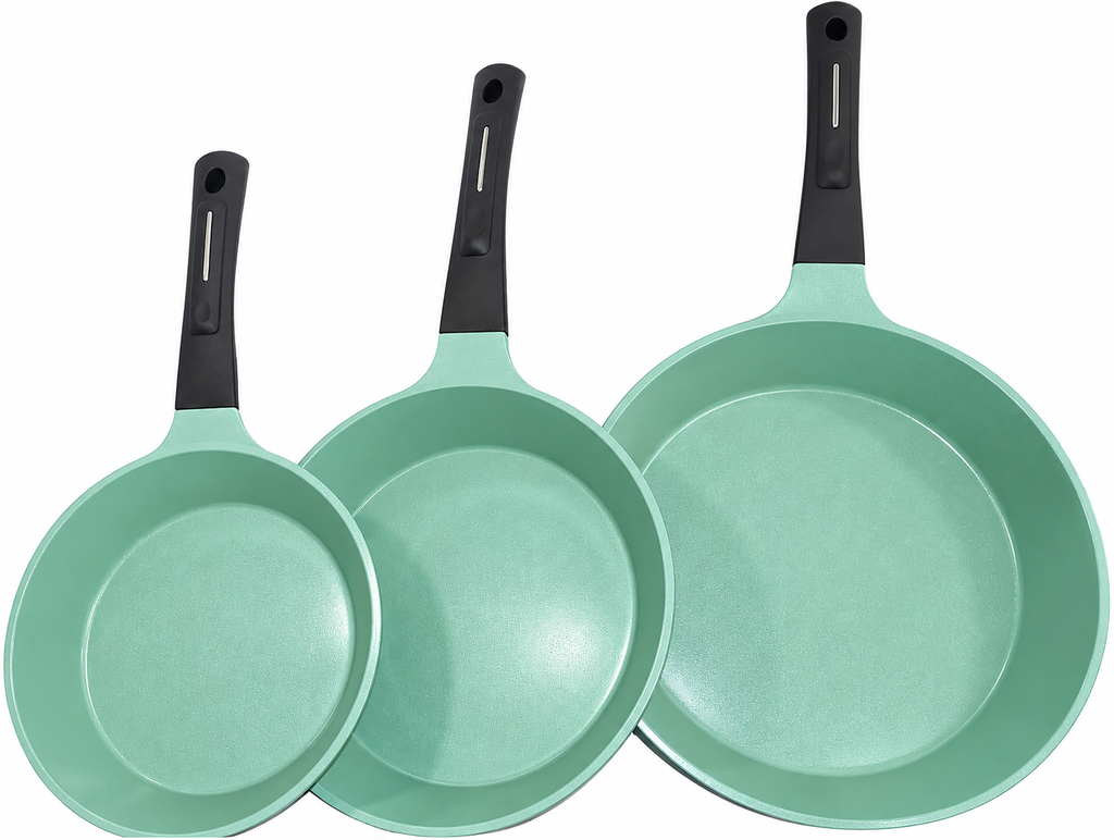 EUROCOOK Jade Powder-coated Ceramic Non-Stick Cookware Set, 3-Piece PFOA-Free Frying Pans