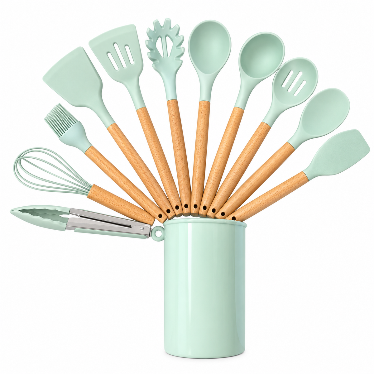 Juego de 12 Utensilios de Cocina de Silicona con Mangos de Madera y Organizador