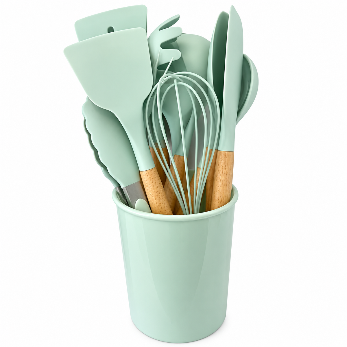Juego de 12 Utensilios de Cocina de Silicona con Mangos de Madera y Organizador