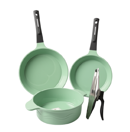 EUROCOOK Jade Powder-coated Ceramic Non-Stick Cookware Set, 4-Piece Set: Frying Pans and Casserole with Tempered Glass Lid