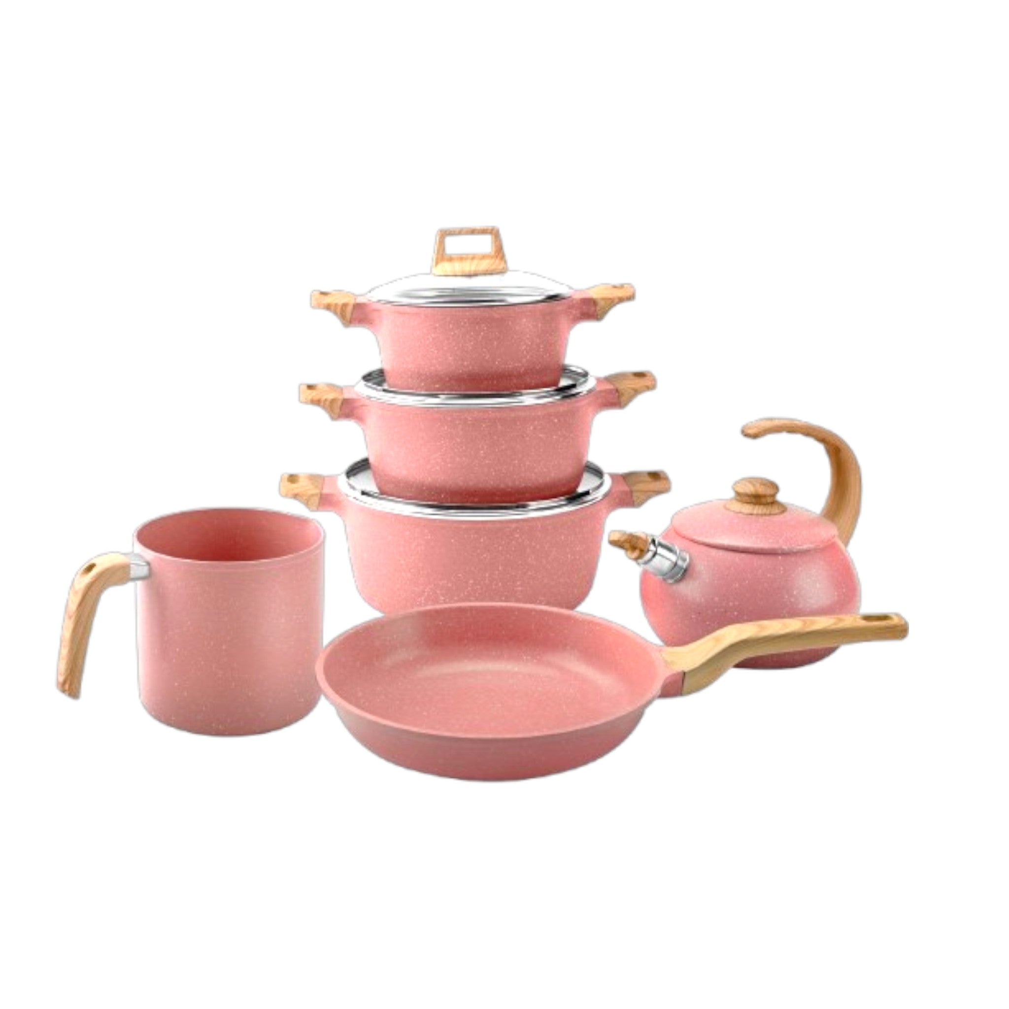 10pc Ceramic Marble Fresa Kitchen Set with Wooden Handles with Fresa Tea Kettle