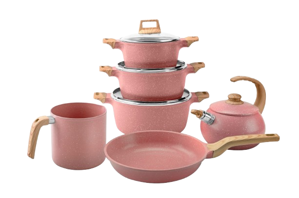 NEWARE 10pz Ceramic Marble Fresa Kitchen Set with Wooden Handles with Fresa Tea Kettle
