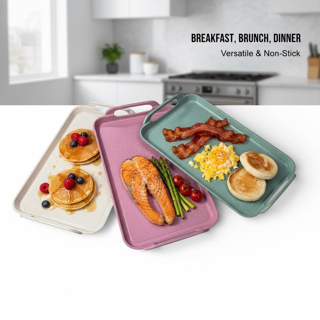 Comal Liso Doble Quemador – Rosa, Verde o Beige, Antiadherente de Mármol, Todo Tipo de Estufas + Agarraderas Gratis / Smooth Double-Burner Griddle – Pink, Green or Beige, Nonstick Marble, All Stovetops + Free Silicone Handles
