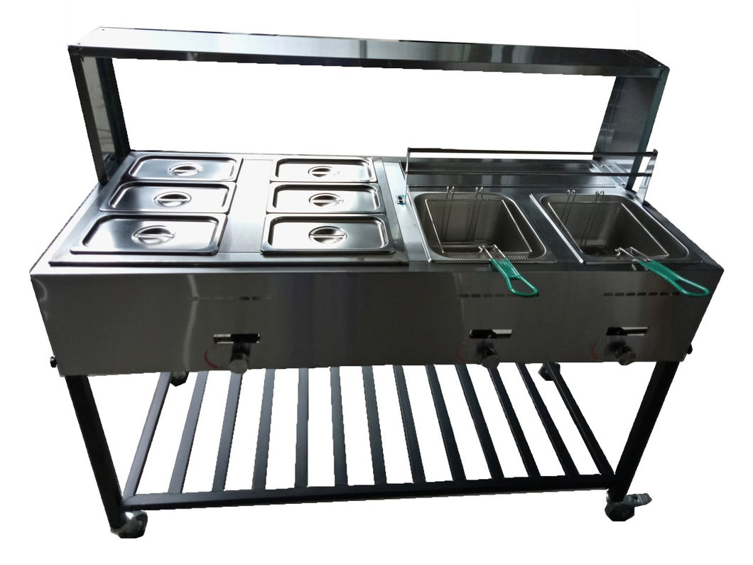 three burner double fryer with six chafers / freidora doble de tres quemadores con seis chafers