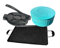 Tortilla making Combo THIN Double Griddle & SMALL tortilla PRESS 7.5"with TORTILLA WARMER/ Combo para hacer tortillas COMAL sencillo doble y prensa PEQUEÑA 7.5" CON TORTILLERO