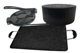 Tortilla making Combo THIN Double Griddle & SMALL tortilla PRESS 7.5"with TORTILLA WARMER/ Combo para hacer tortillas COMAL sencillo doble y prensa PEQUEÑA 7.5" CON TORTILLERO