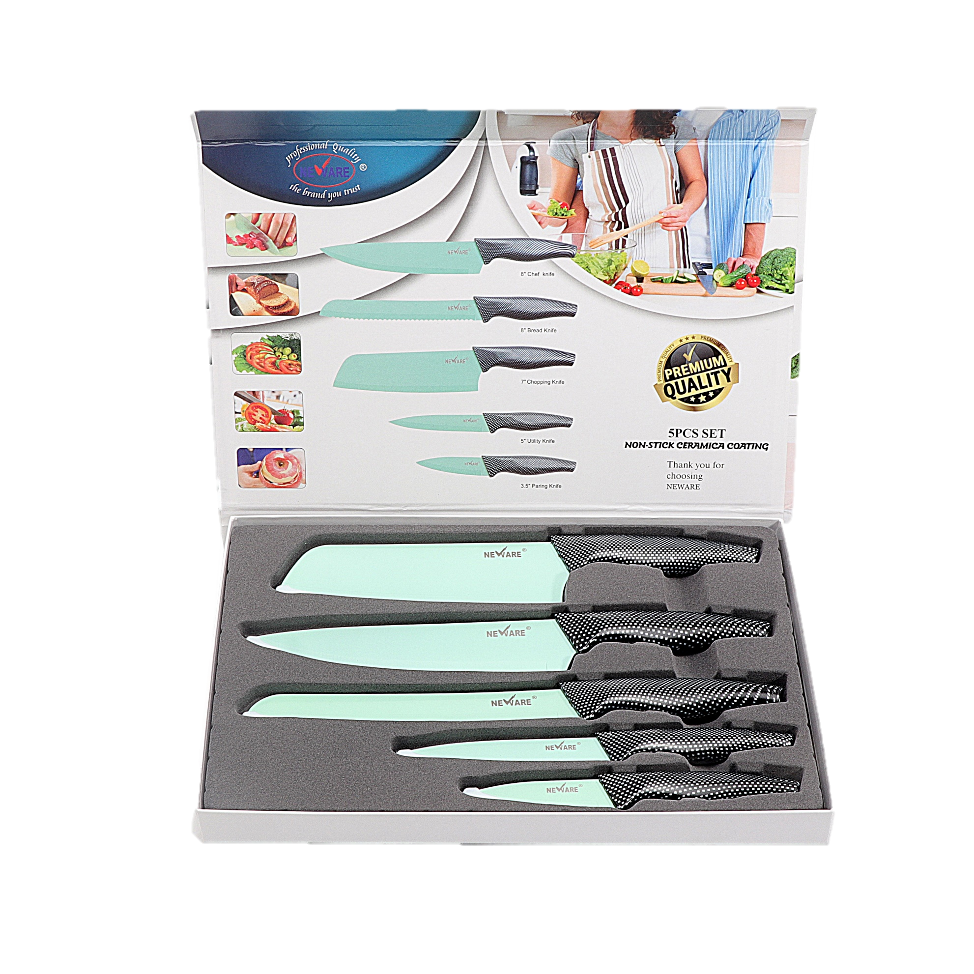 JADE coated NON-STICK 5 piece KNIFE set/ juego de CUCHILLOS de 5 piezas de JADE