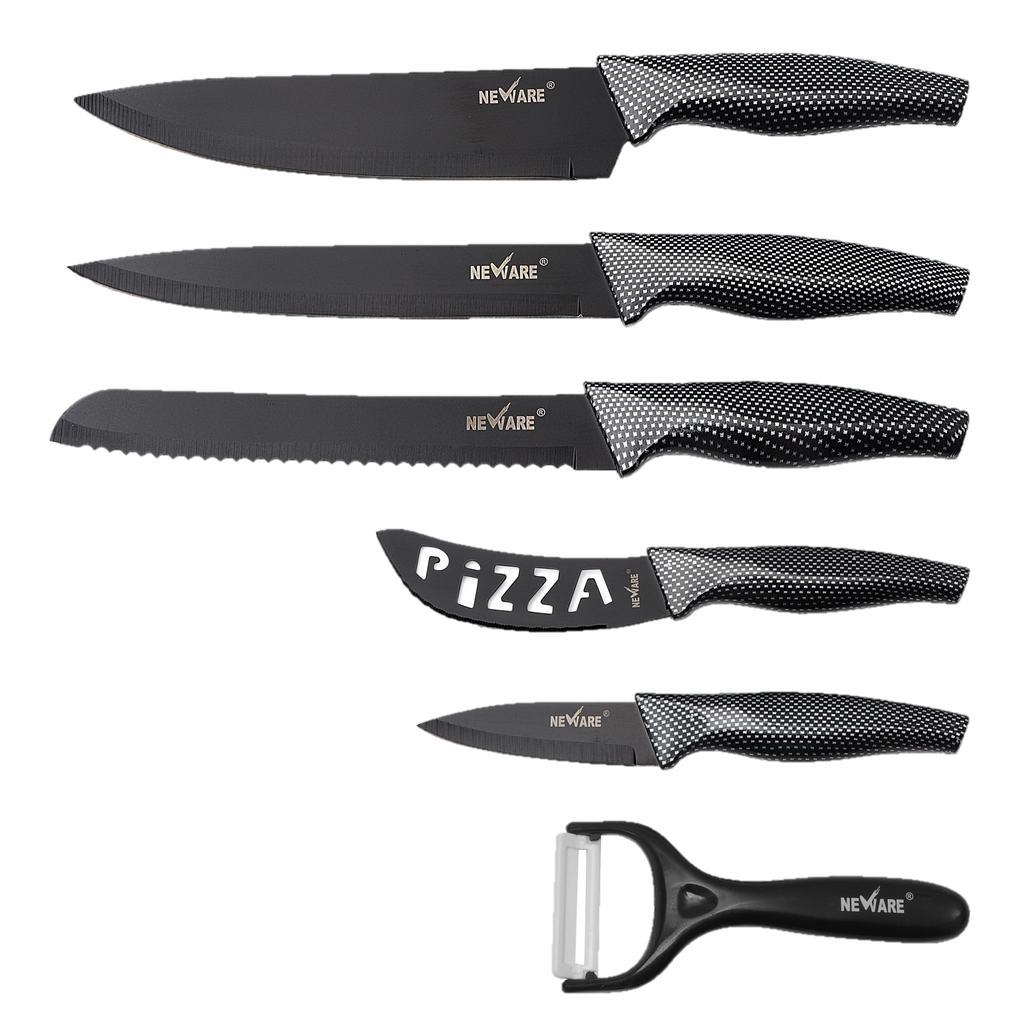 Set of 6 Kitchen Knives with Black Diamond Coating