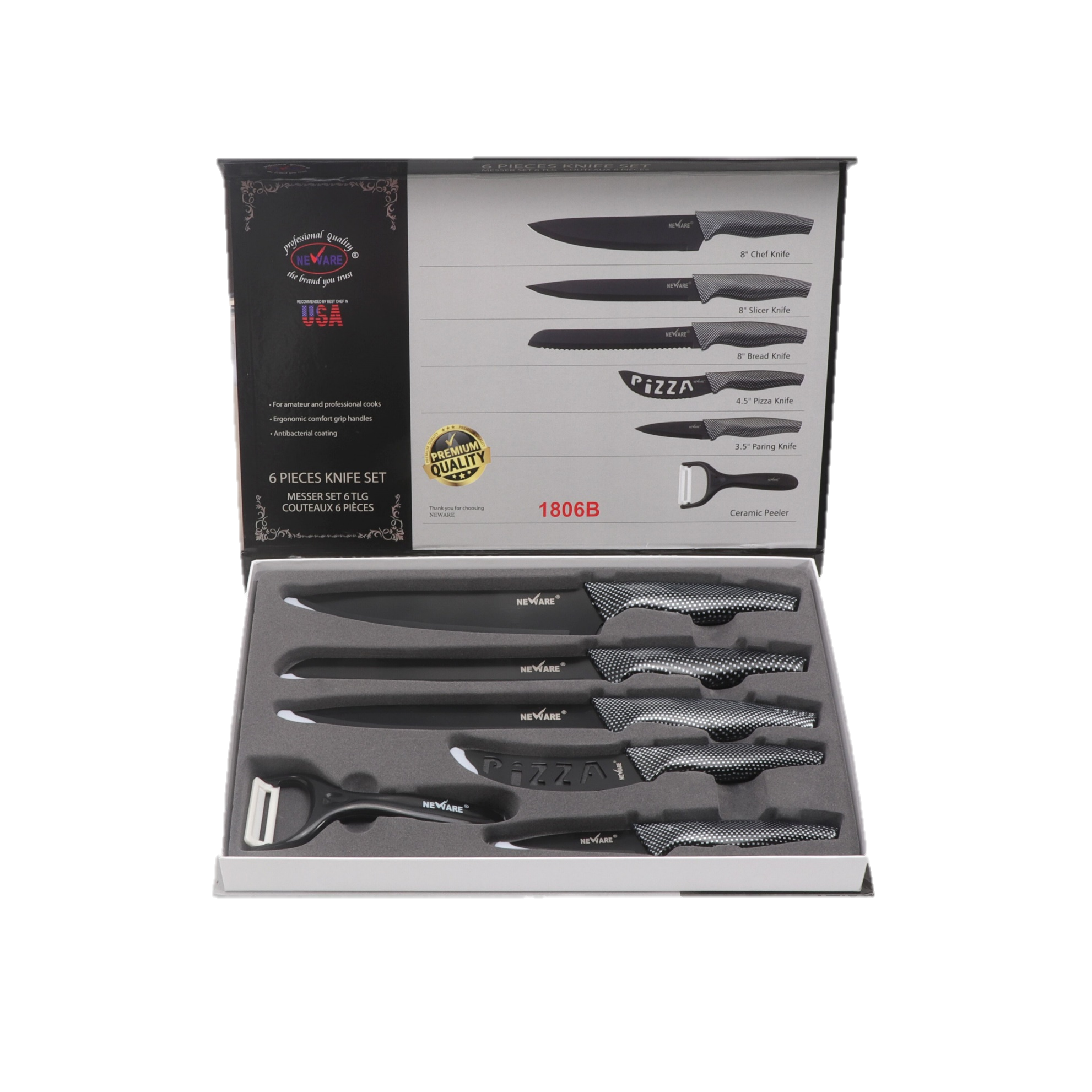 BLACK DIAMOND coated NON-STICK 6 piece KNIFE set/ juego de CUCHILLOS de 6 piezas de DIAMANTE NEGRO