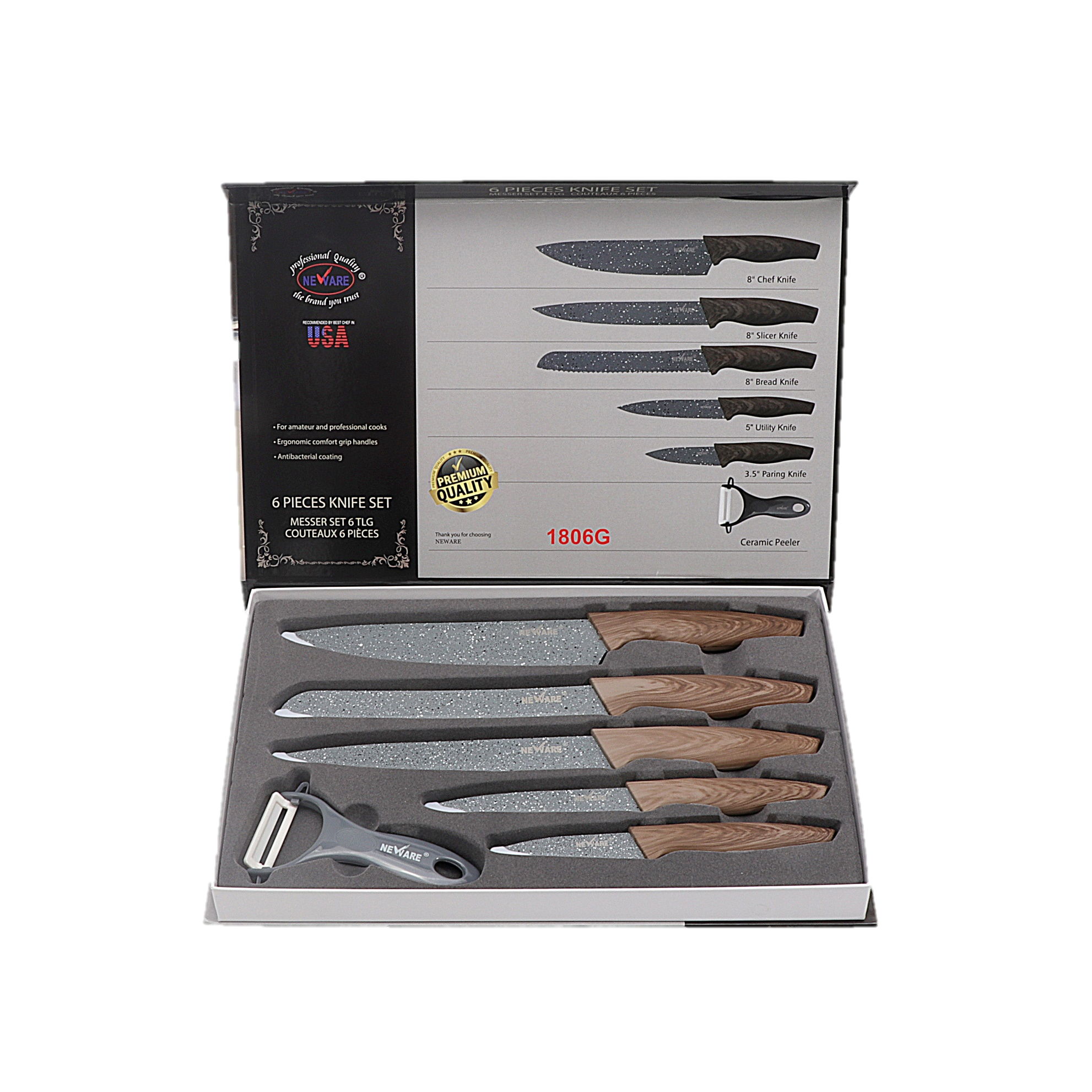GREY DIAMOND coated NON-STICK 6 piece KNIFE set/ juego de CUCHILLOS de 6 piezas de DIAMANTE GRIS
