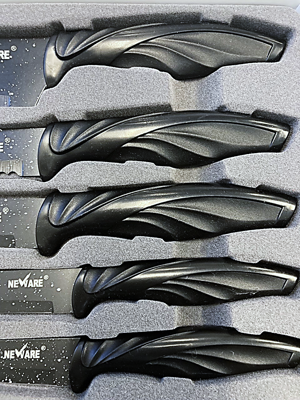 BLACK SPECKLED MARBLE coated NON-STICK 6 piece KNIFE set/ juego de CUCHILLOS de 6 piezas de MARMOL NEGRO JASPEADO