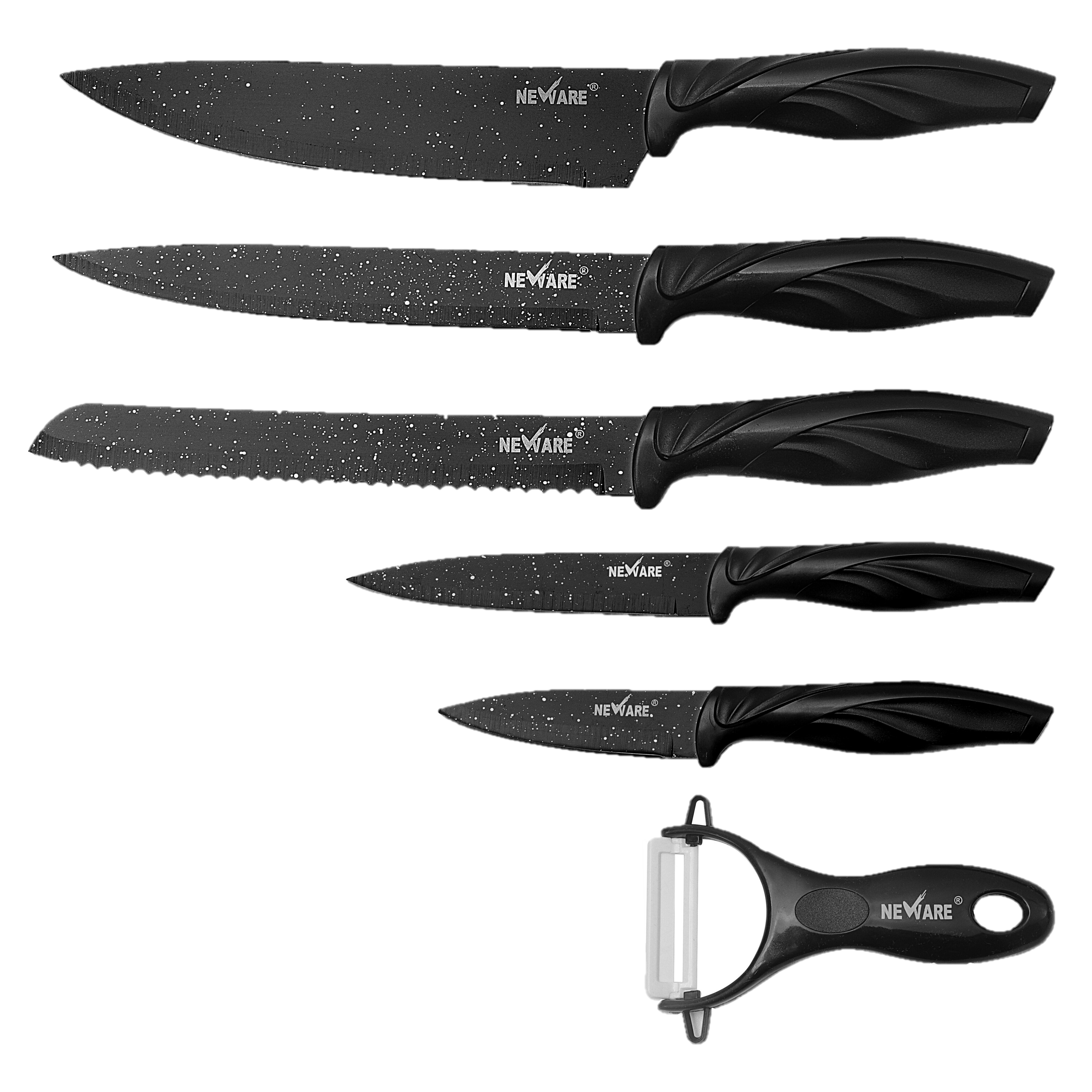 BLACK SPECKLED MARBLE coated NON-STICK 6 piece KNIFE set/ juego de CUCHILLOS de 6 piezas de MARMOL NEGRO JASPEADO