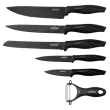 Load image into Gallery viewer, BLACK SPECKLED MARBLE coated NON-STICK 6 piece KNIFE set/ juego de CUCHILLOS de 6 piezas de MARMOL NEGRO JASPEADO
