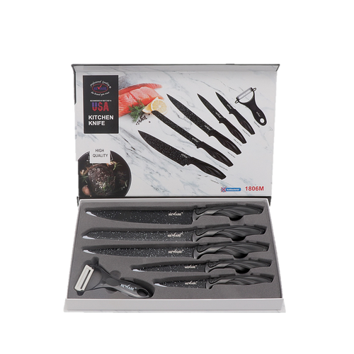 BLACK SPECKLED MARBLE coated NON-STICK 6 piece KNIFE set/ juego de CUCHILLOS de 6 piezas de MARMOL NEGRO JASPEADO