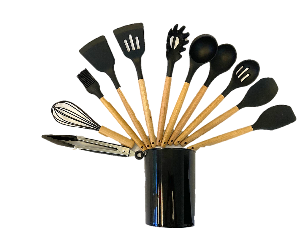 12-Piece Silicone Cooking Utensil Set with Wooden Handles and Holder