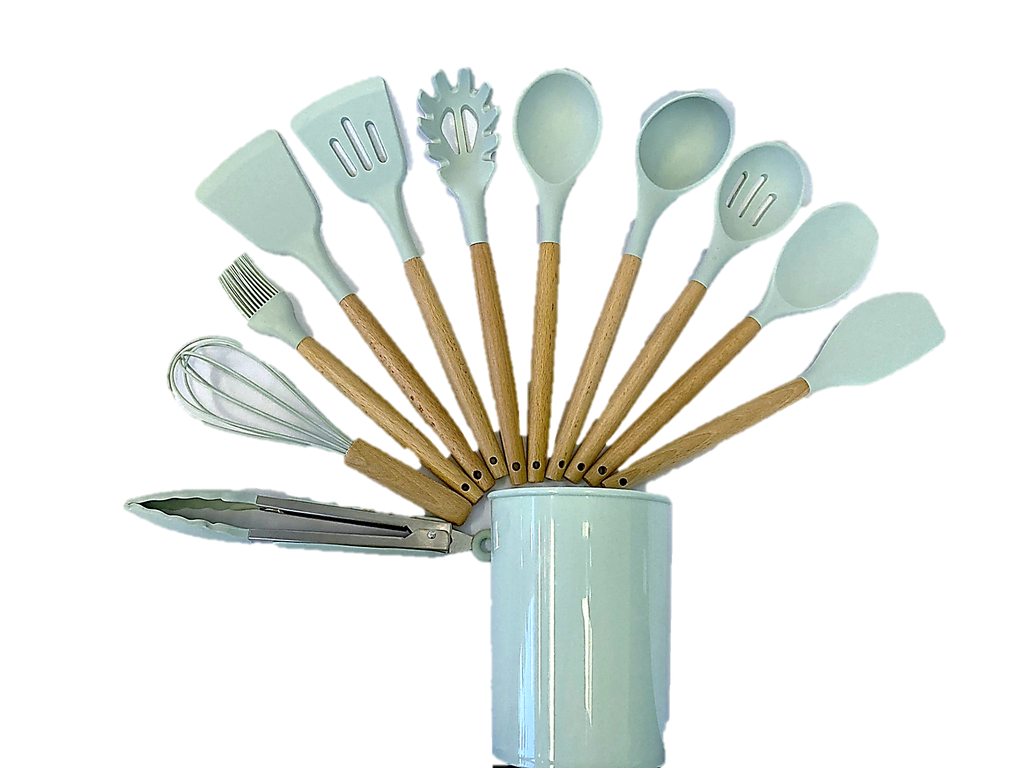 12-Piece Silicone Cooking Utensil Set with Wooden Handles and Holder