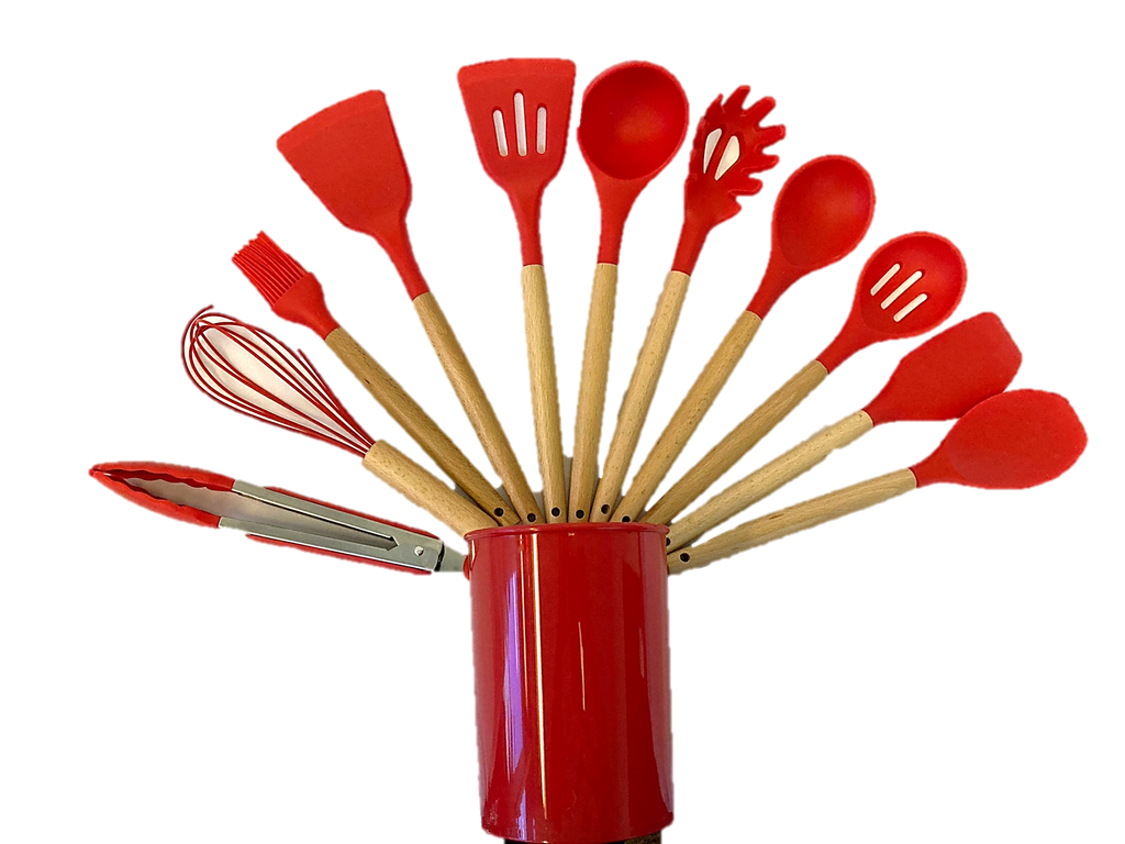 12-Piece Silicone Cooking Utensil Set with Wooden Handles and Holder