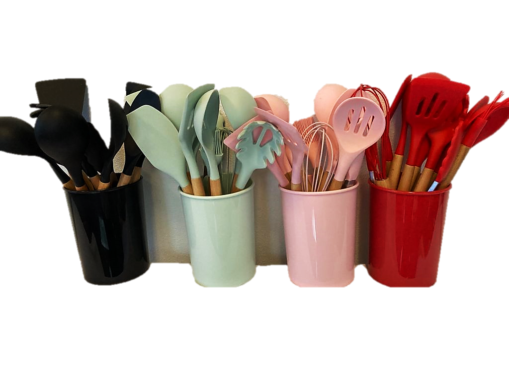 12-Piece Silicone Cooking Utensil Set with Wooden Handles and Holder