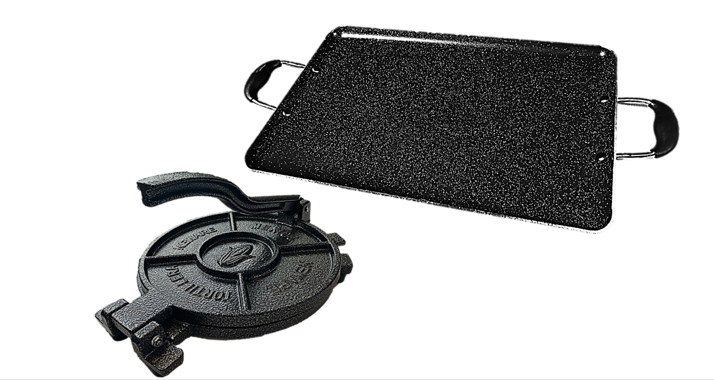 SMALL tortilla PRESS and ONE griddle for ALL types of STOVES/ prensa CHICA y COMALE para DOBLE parrilla apto para TODO tipo de ESTUFAS- eléctricas