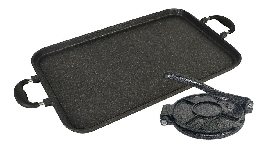 Neware Tortilla Making Bundle – 7.5" Cast Iron Tortilla Press + 4190 Nonstick Marble Smooth Griddle for Gas Stovetops / Neware Set para Tortillas – Prensa de Hierro Fundido 7.5" + Comal Liso 4190 Antiadherente de Mármol para Estufas de Gas