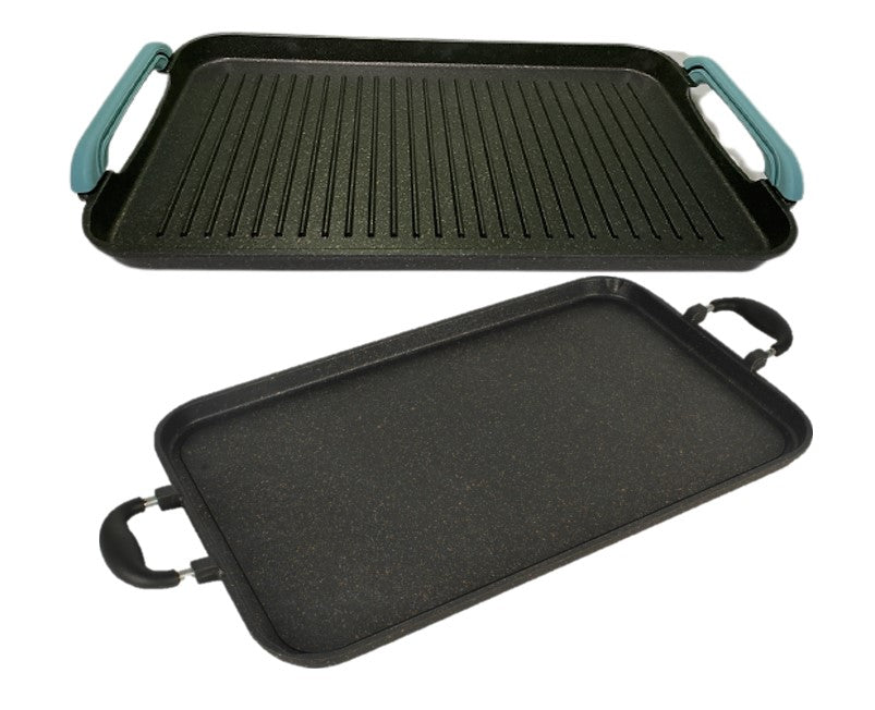 Neware 2-Piece Nonstick Marble Griddle Set – 4190 Smooth & Ribbed Double-Burner Griddles + Free Silicone Handle Covers / Set de 2 Comales Antiadherentes de Mármol – Liso 4190 y con Ranuras para Doble Quemador + Agarraderas de Silicona Gratis