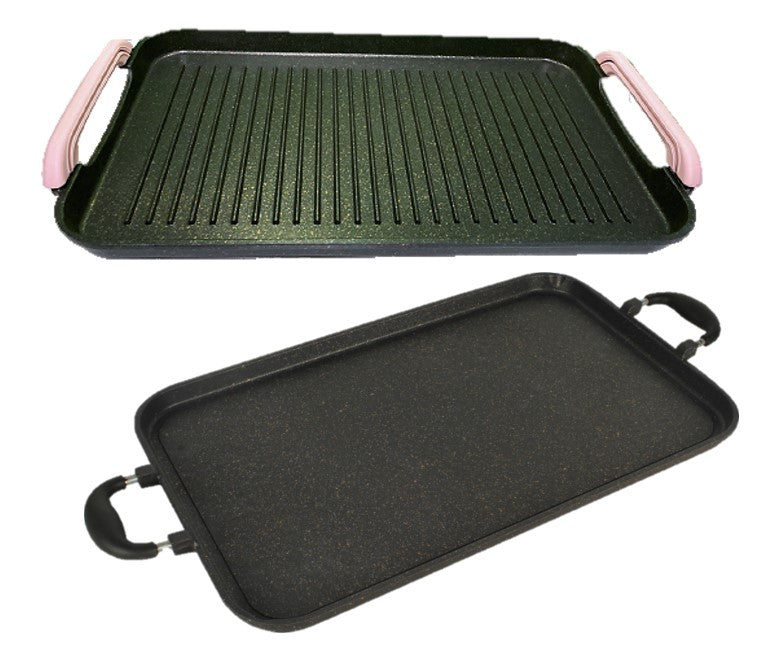 Neware 2-Piece Nonstick Marble Griddle Set – 4190 Smooth & Ribbed Double-Burner Griddles + Free Silicone Handle Covers / Set de 2 Comales Antiadherentes de Mármol – Liso 4190 y con Ranuras para Doble Quemador + Agarraderas de Silicona Gratis