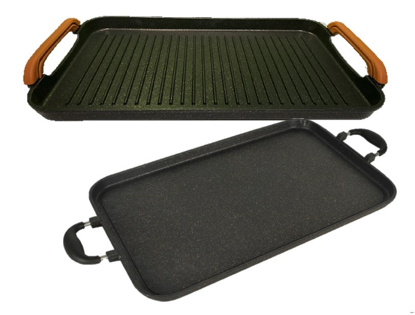 Neware 2-Piece Nonstick Marble Griddle Set – 4190 Smooth & Ribbed Double-Burner Griddles + Free Silicone Handle Covers / Set de 2 Comales Antiadherentes de Mármol – Liso 4190 y con Ranuras para Doble Quemador + Agarraderas de Silicona Gratis