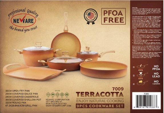 NEWARE Terracotta 9 Piece Cookware Set with GRIDDLE/COMAL