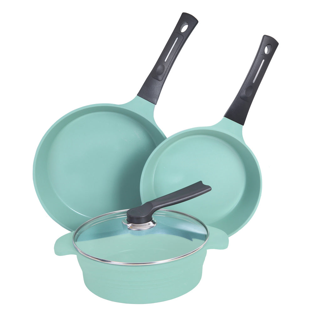 EUROCOOK Jade Powder-coated Ceramic Non-Stick Cookware Set, 4-Piece Set: Frying Pans and Casserole with Tempered Glass Lid