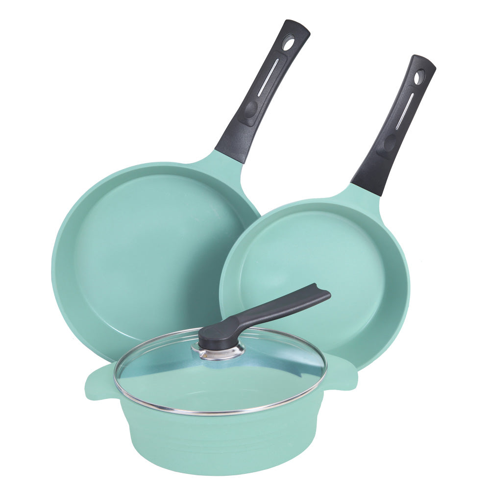 Neware EUROCOOK Jade Powder-coated Ceramic Non-Stick Cookware Set, 4-Piece PFOA-Free Kit: Frying Pans and Casserole with Tempered Glass Lid